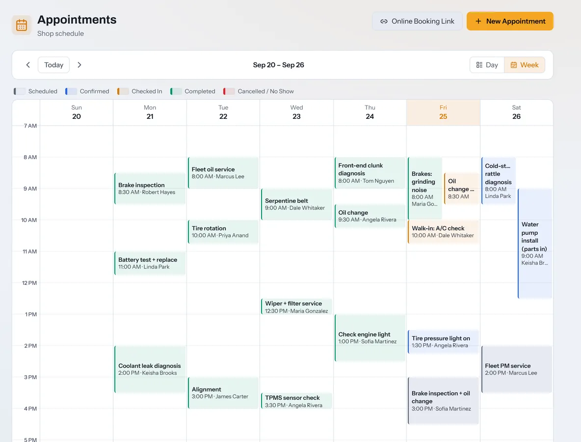 The Appointments week view with color-coded visits by status.