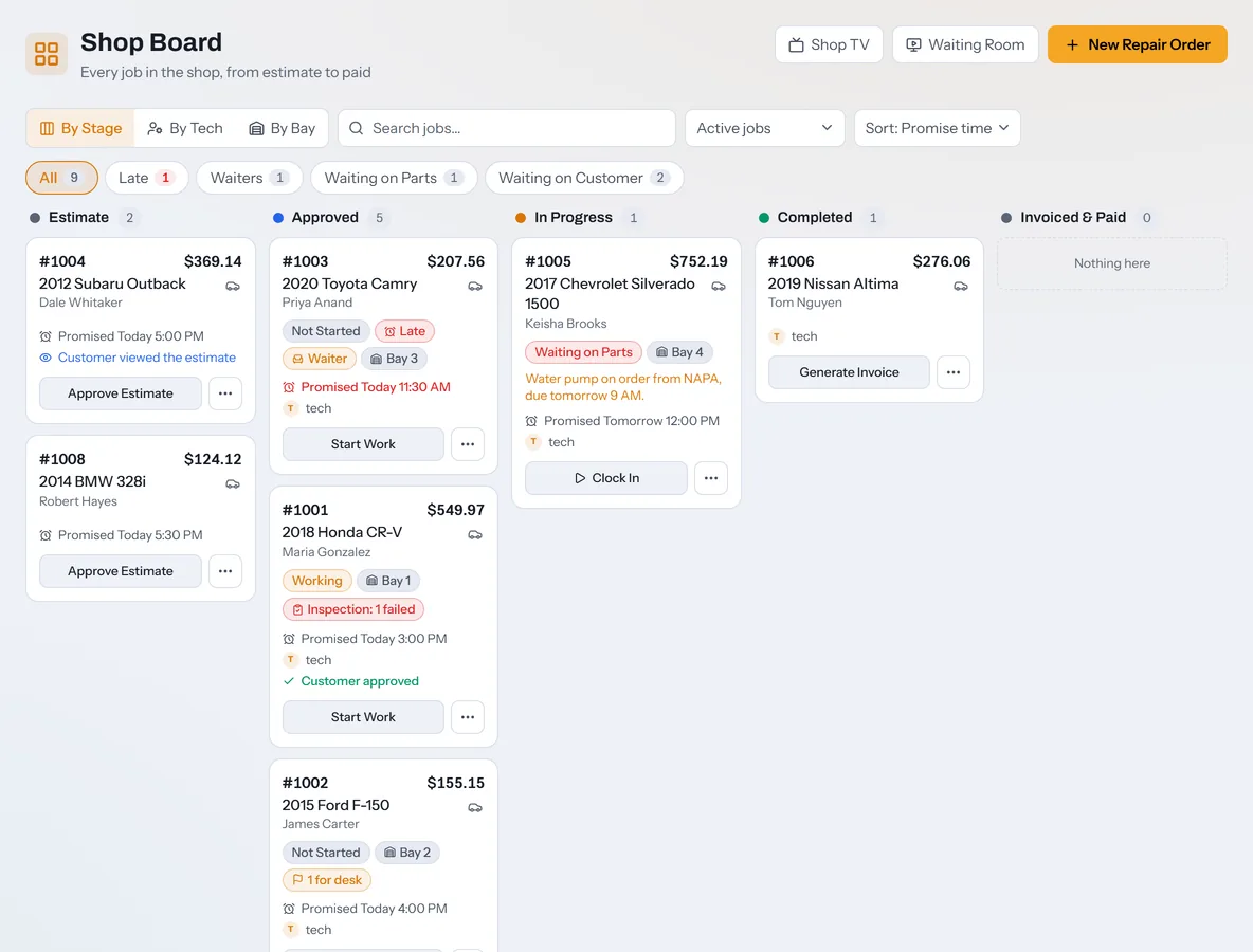 The Shop Board with jobs in Estimate, Approved, In Progress, Completed, and Invoiced and Paid lanes, each card showing the vehicle, promised time, bay, and technician.