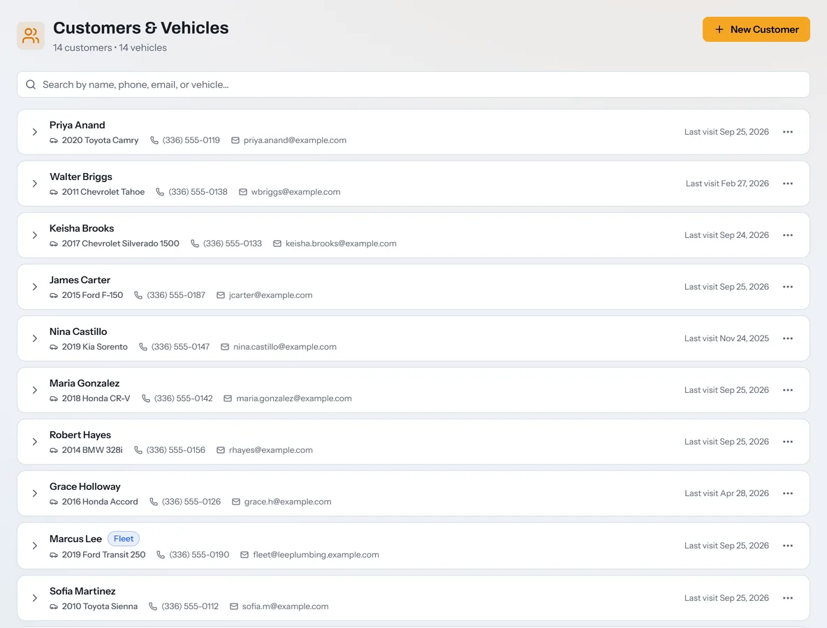 Customers and Vehicles: each customer's vehicle, phone, email, and last visit, with a Fleet tag on a fleet account.