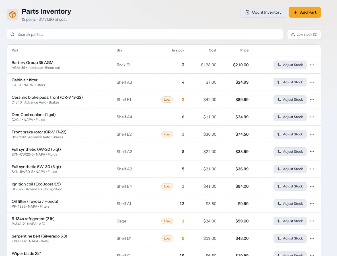 Parts Inventory with part numbers, bins, stock counts, low-stock tags, cost, and price.