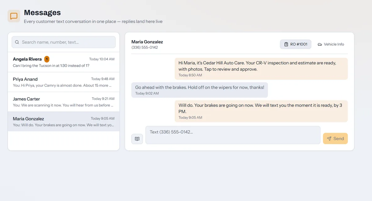 The Messages inbox with a thread open: the shop texts that the inspection and estimate are ready, the customer replies to go ahead with the brakes and hold the wipers, and the shop confirms.