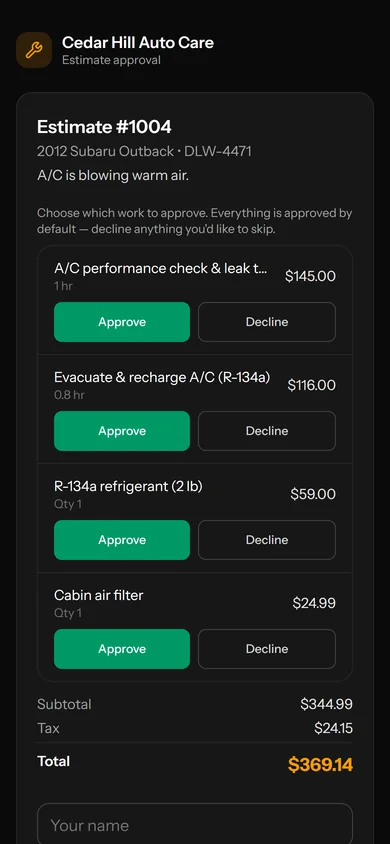 A customer's phone showing the estimate approval page with Approve and Decline on each line.