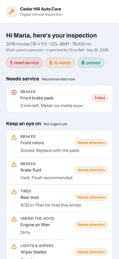 A customer's inspection report on a phone: 1 needs service, 5 to watch, 8 passed, with front brake pads marked failed at 2 millimeters.