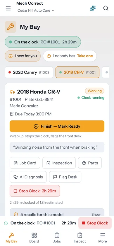 My Bay on a technician's phone: on the clock on a 2018 Honda CR-V, with Finish and Mark Ready, job card, inspection, parts, AI Diagnosis, and flag desk buttons.