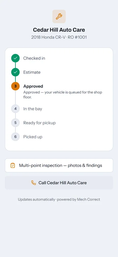 The customer status tracker on a phone showing checked in, estimate, and approved, with in the bay and ready for pickup still to come.