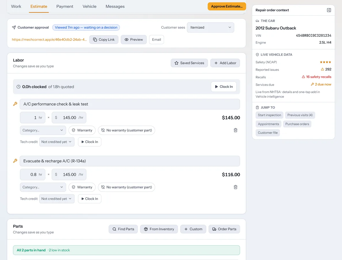 A repair order's estimate tab showing customer approval viewed a minute ago, labor lines with hours and rates, and parts with a live vehicle data panel.