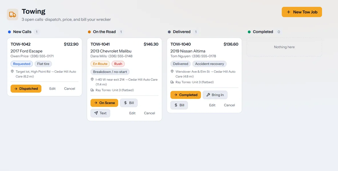The Towing board with new calls, tows on the road, and delivered vehicles, each with driver, truck, route, and price.