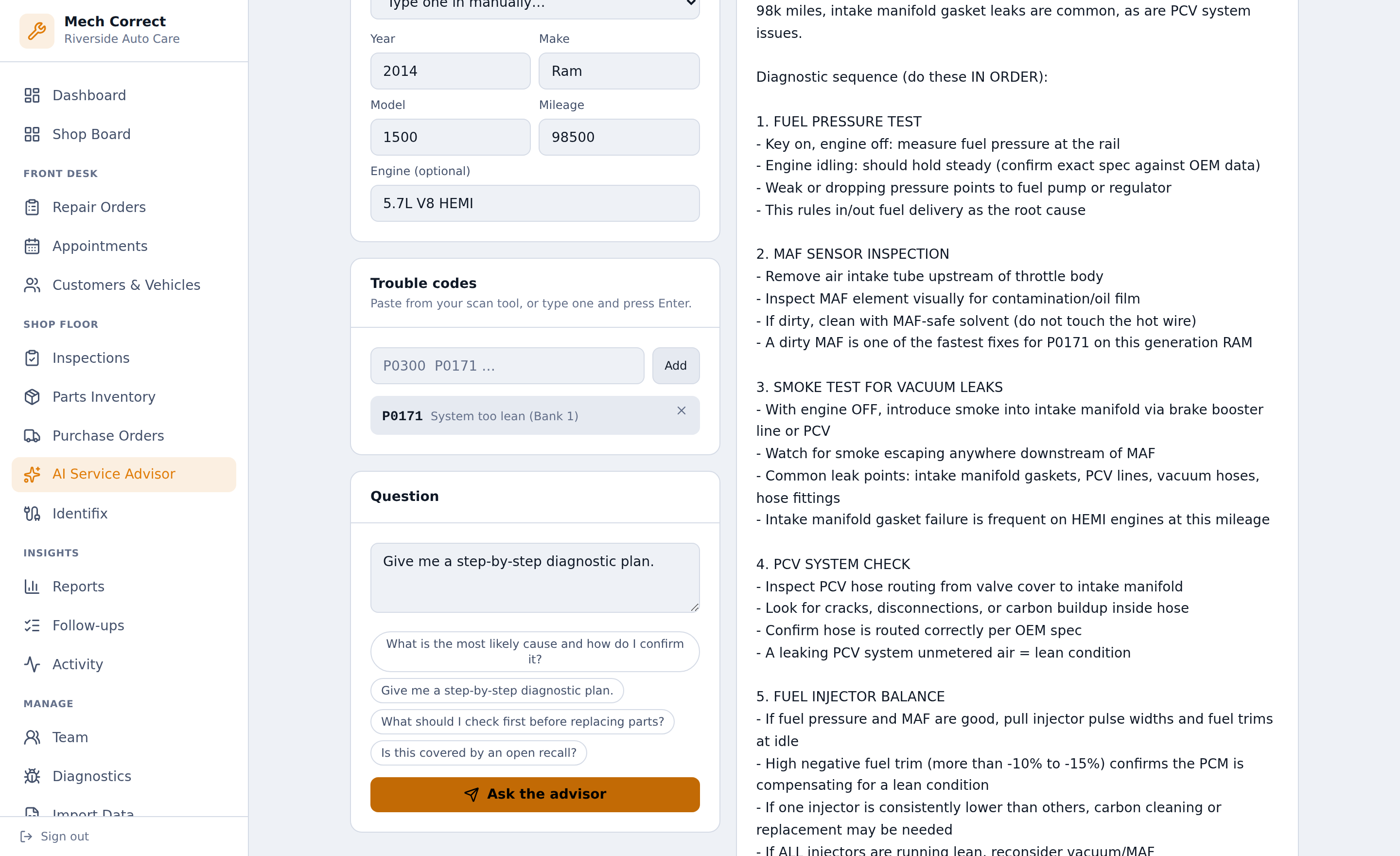 AI Service Advisor answering a P0171 diagnostic question